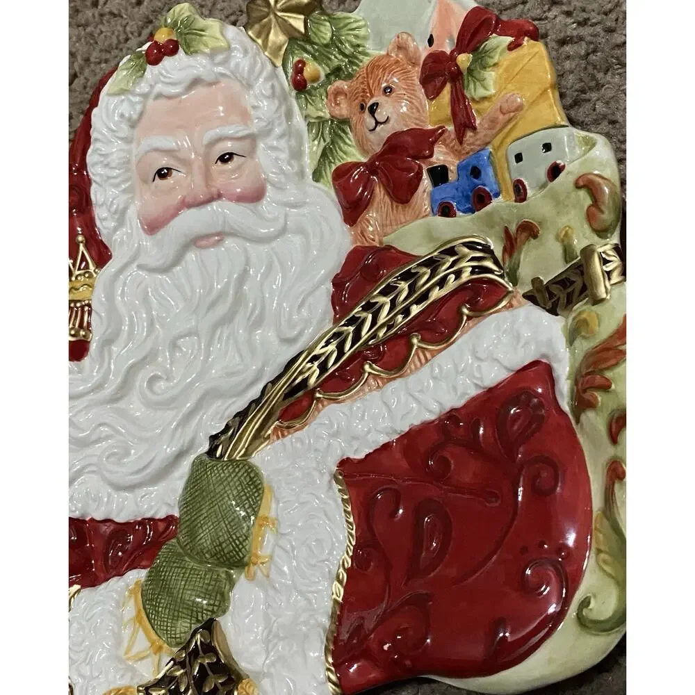 Fitz & Floyd Damask Holiday Ceramic Santa Toys Figural Christmas Canape Plate